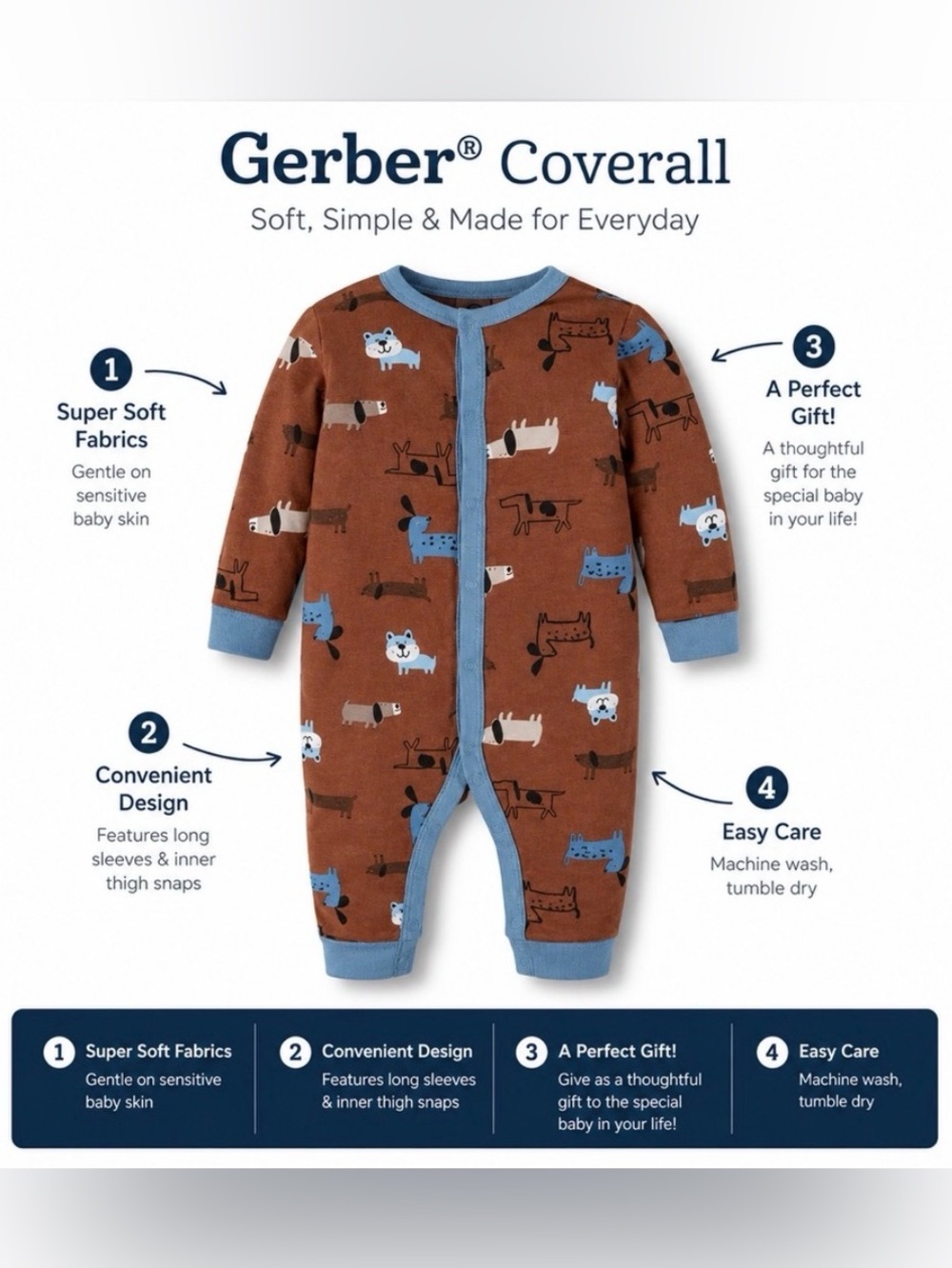GERBER DOG THEME ONE PIECE COVERALL - BROWN SIZE 3-6 MONTHS (NEW WITH TAGS) A12